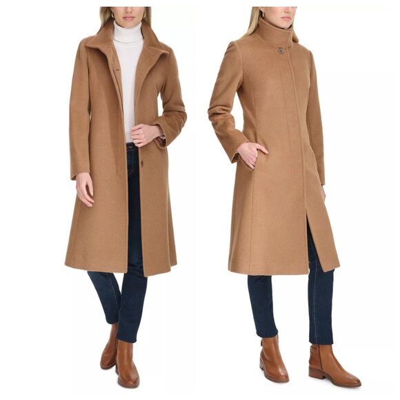 Cole Haan Stand-collar Single-breasted Wool Blend Coat Camel - Picture 1 of 3
